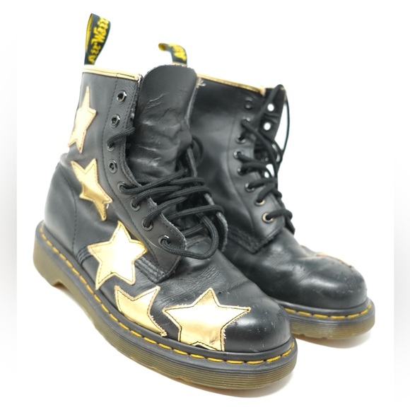 Dr. Martens Applique Stella 8 Eye Star Boot BLACK+GOLD SOFTY T+KORAM Women’s 7 - Picture 1 of 11